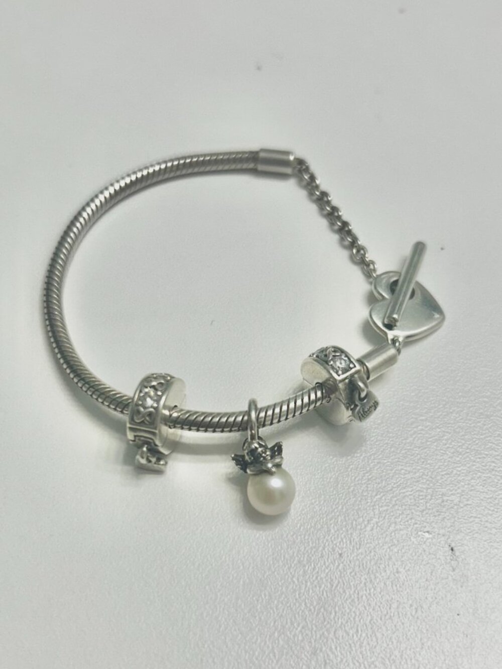 Pandora Heart T-Bar Bracelet + Cupid Mini Dangle Pearl +2 Family Always Clips CZ